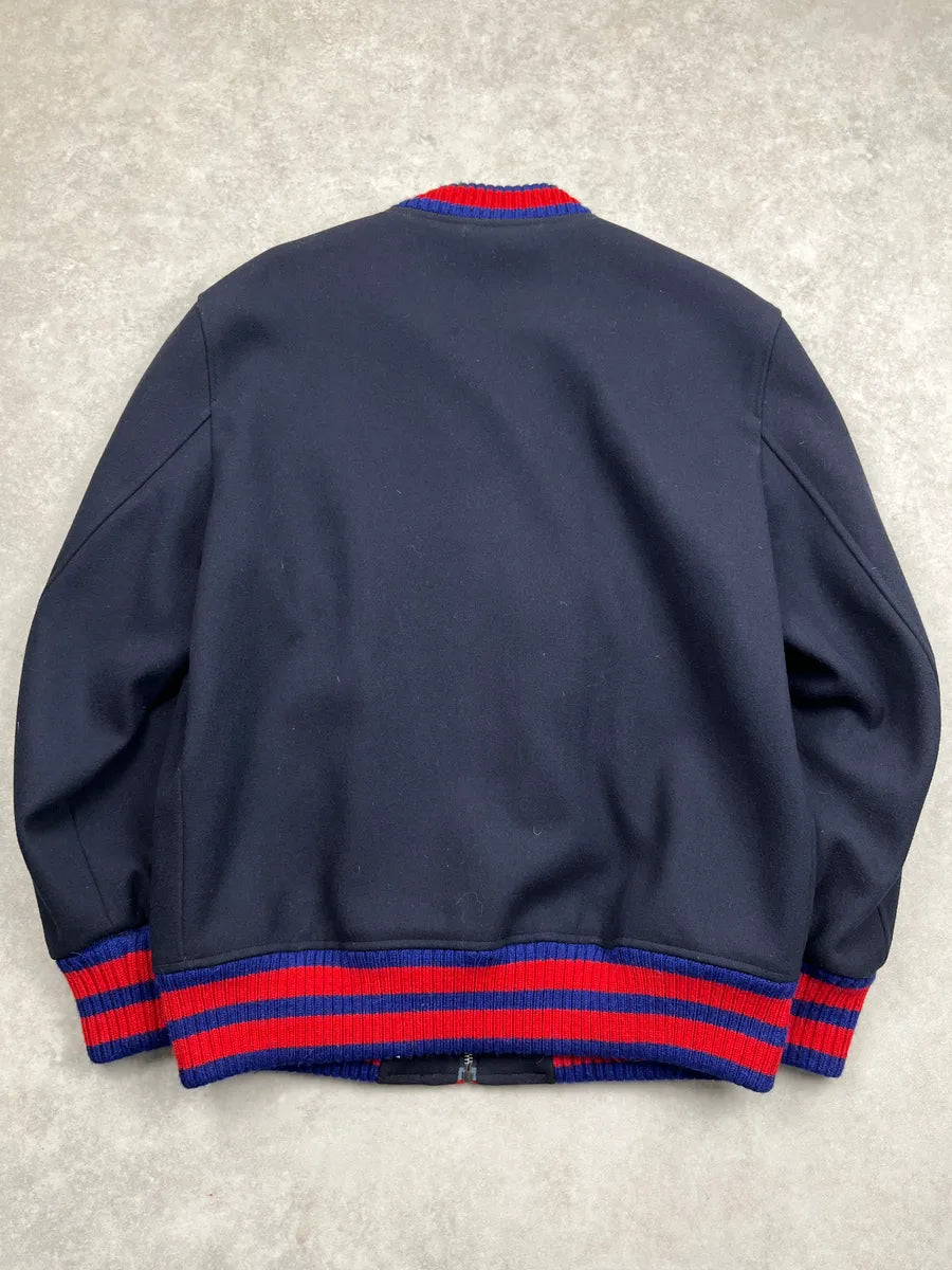 AW2017 Gucci Navy Wool Red Varsity G Patch Zip-Up Bomber Jacket TPkkvnzA 4