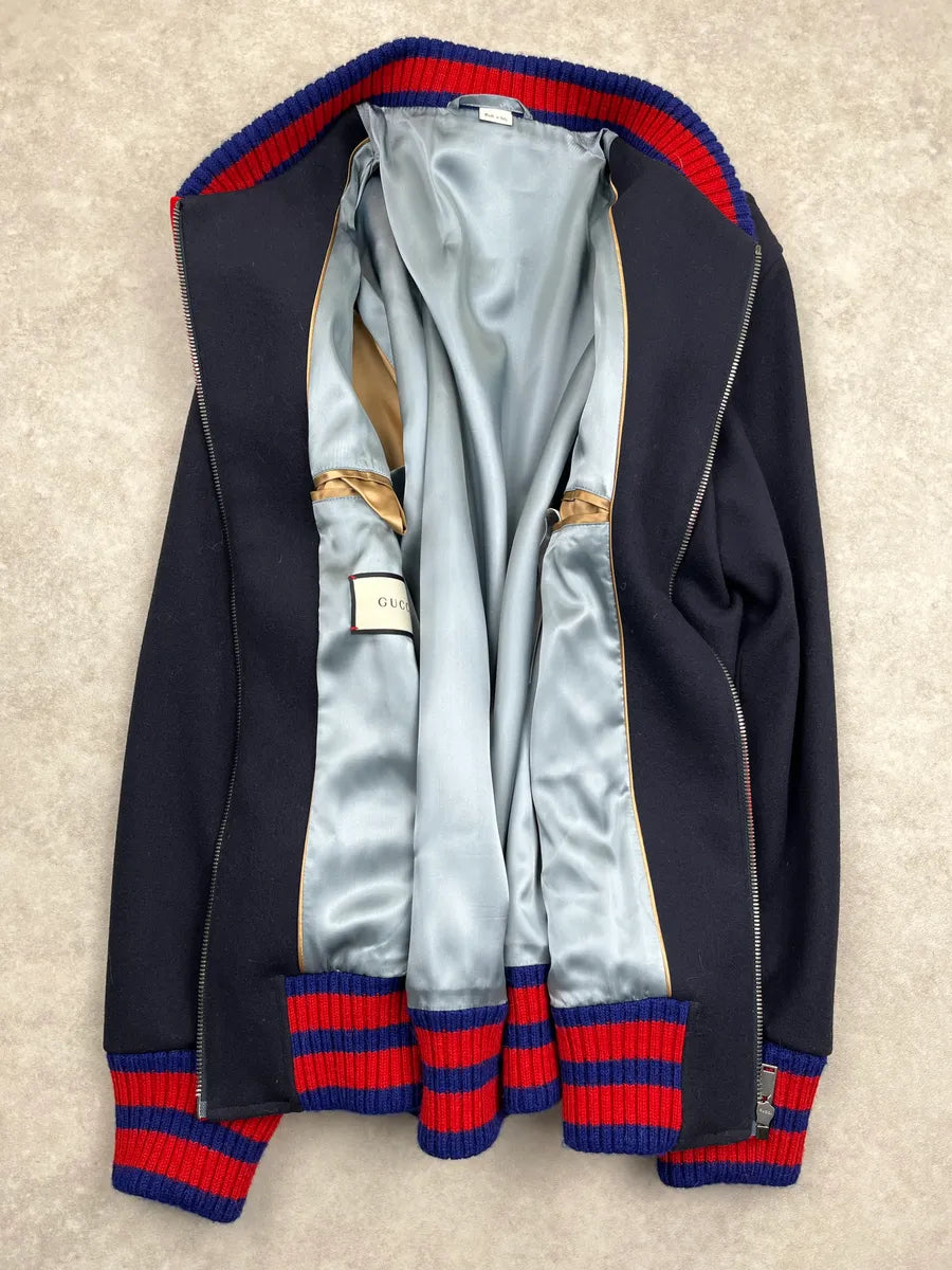 AW2017 Gucci Navy Wool Red Varsity G Patch Zip-Up Bomber Jacket TPkkvnzA 3