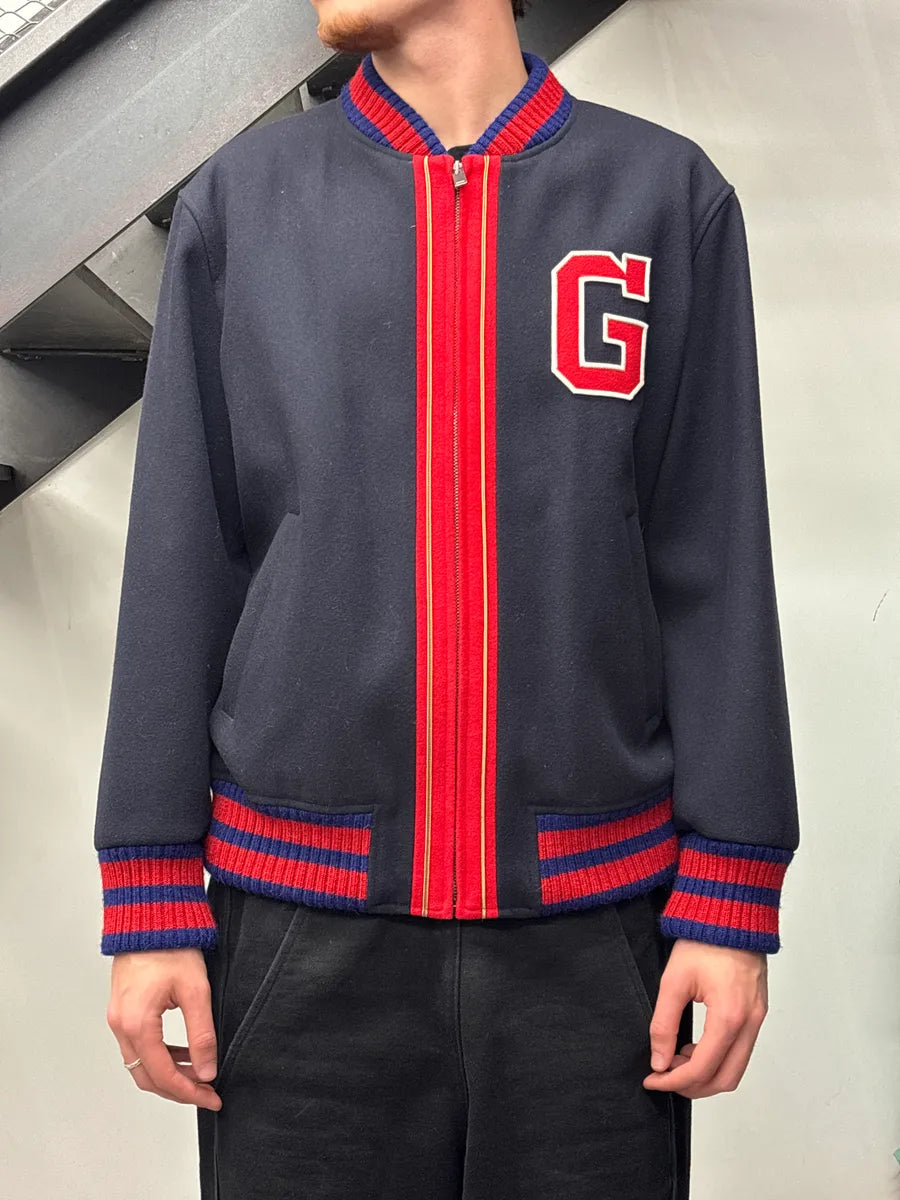 AW2017 Gucci Navy Wool Red Varsity G Patch Zip-Up Bomber Jacket TPkkvnzA 1