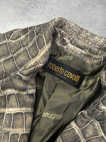 2000s Roberto Cavalli Grey Crocodile Effect Trench Jacket (XXS/XS) - 10