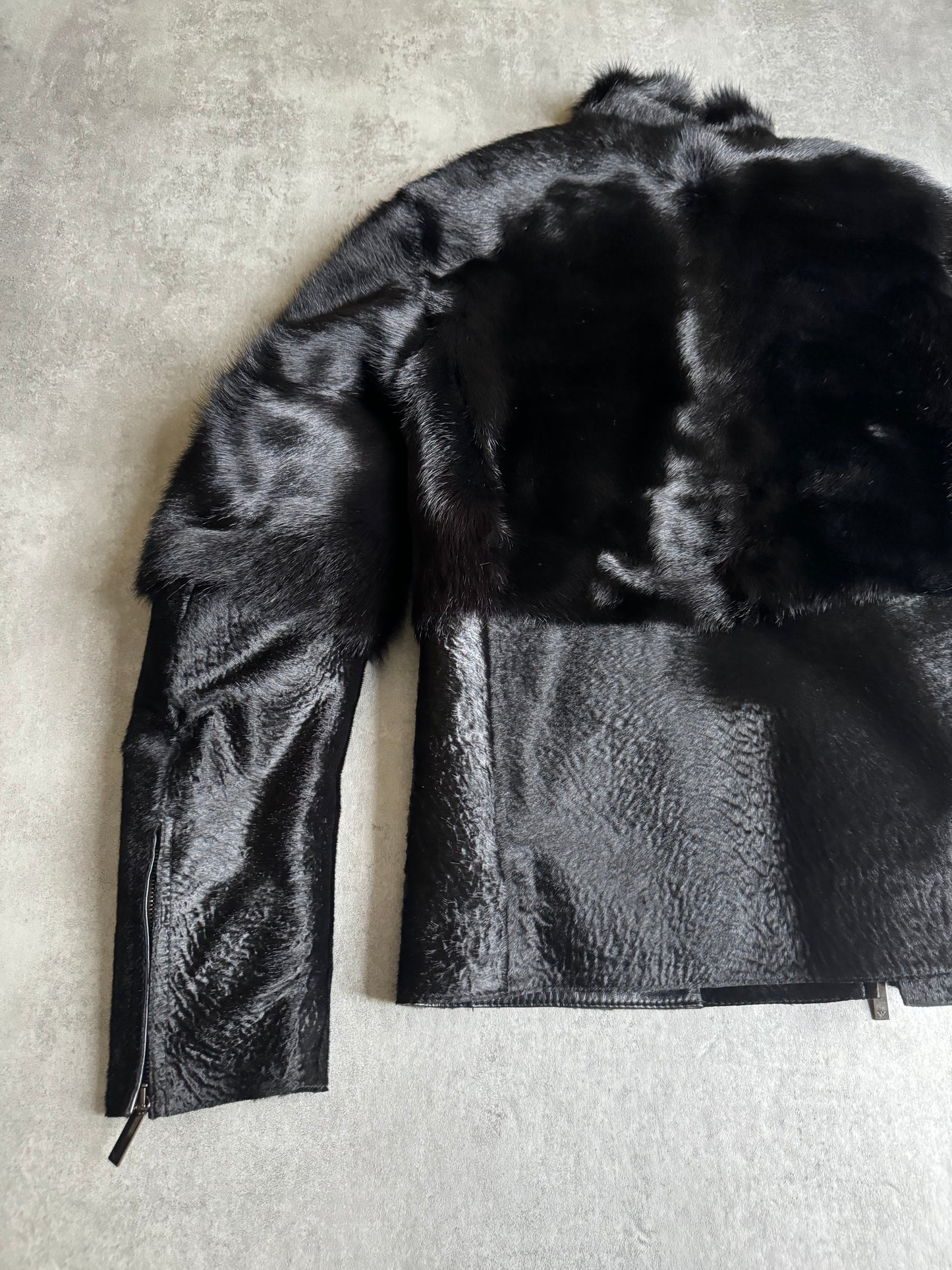 AW2012 Emporio Armani Black Baby Calf Skin Fur Asymmetrical Jacket (M) - 12