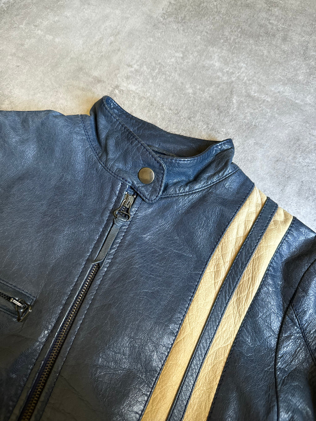 2000s Dolce & Gabbana Stripes Navy Leather Biker Racer Jacket