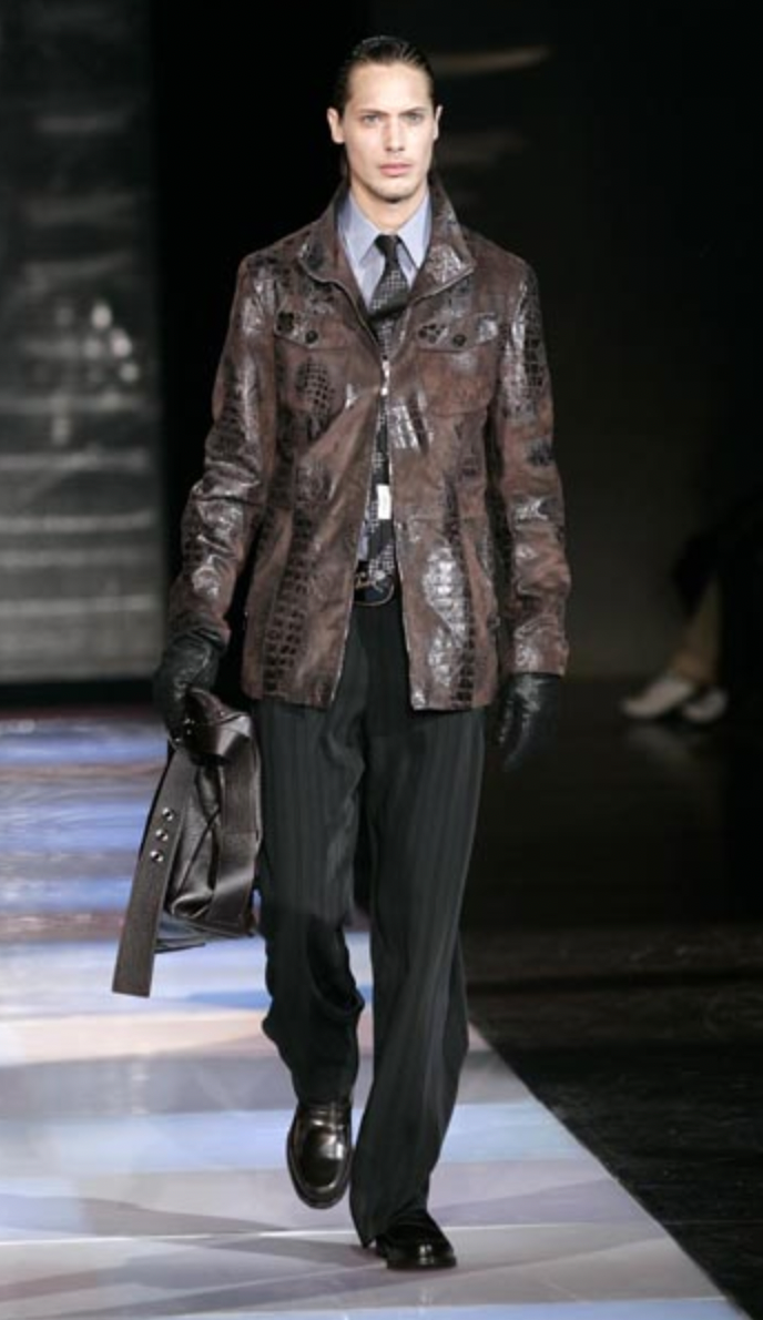 FW2005 Emporio Armani Brown Crocodile Effect Textured Leather Jacket (M) - 2