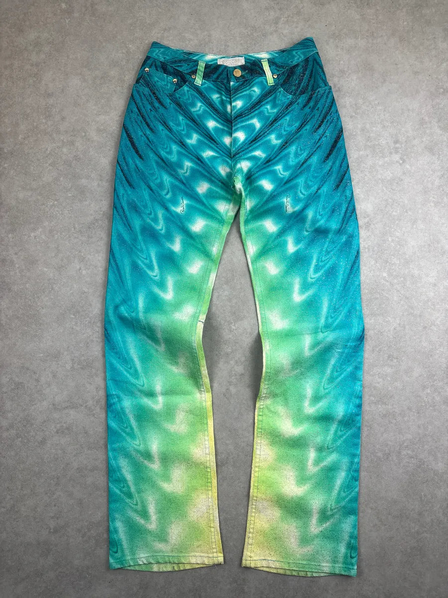 SS2001 Roberto Cavalli Turquoise Denim Gradient Glitter Hallucination Pants TzJPKmfP 0