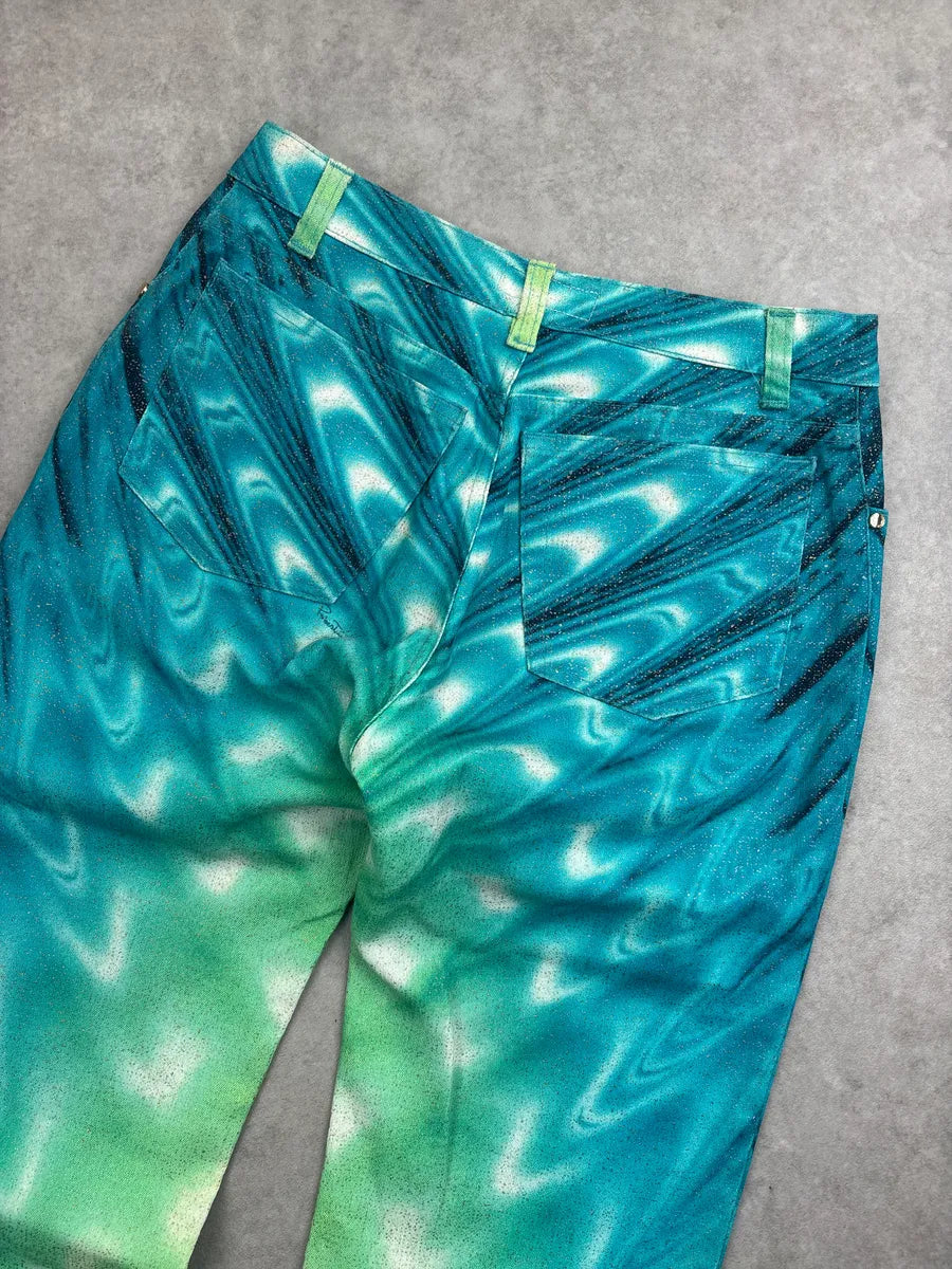 SS2001 Roberto Cavalli Turquoise Denim Gradient Glitter Hallucination Pants TzJPKmfP 7