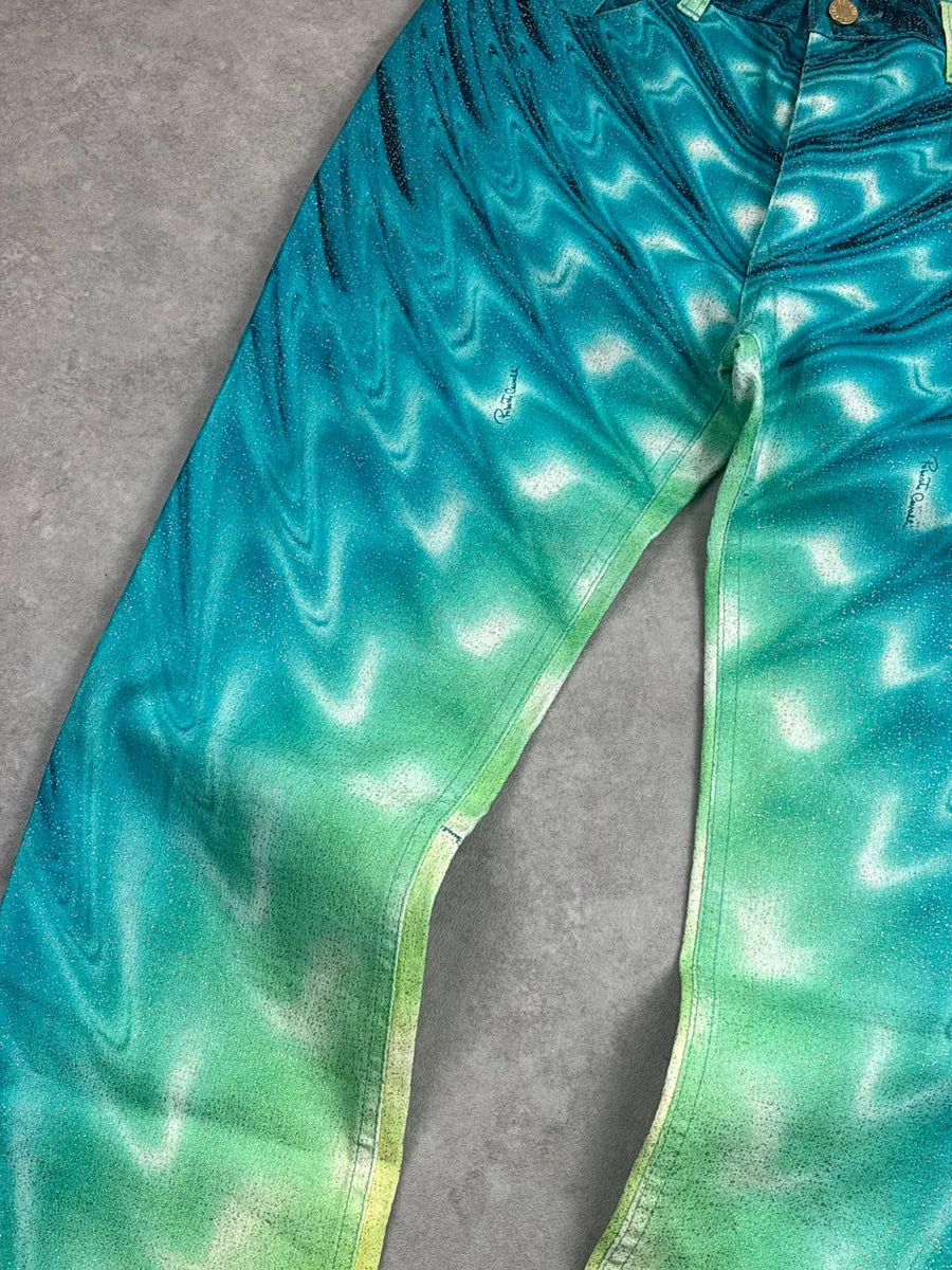 SS2001 Roberto Cavalli Turquoise Denim Gradient Glitter Hallucination Pants TzJPKmfP 5