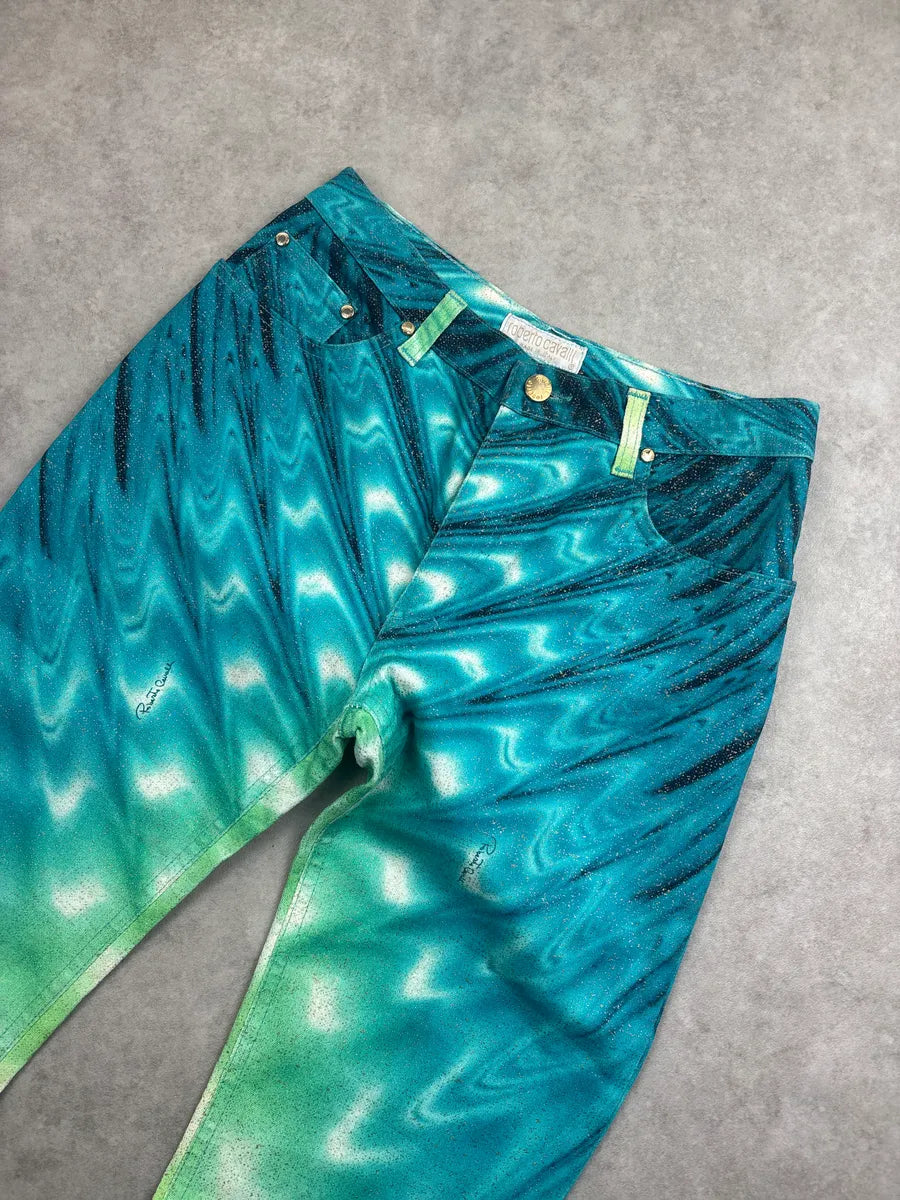 SS2001 Roberto Cavalli Turquoise Denim Gradient Glitter Hallucination Pants TzJPKmfP 6