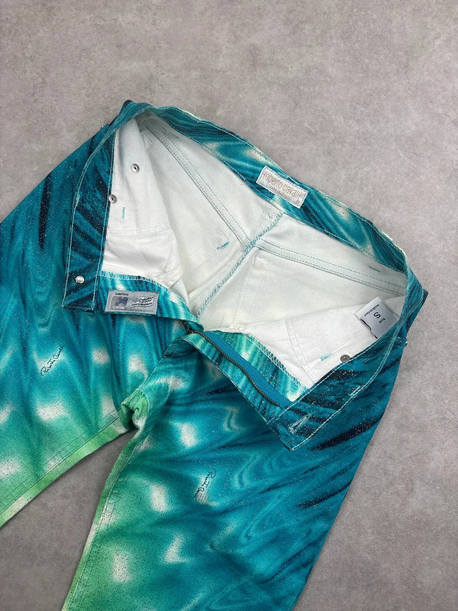 SS2001 Roberto Cavalli Turquoise Denim Gradient Glitter Hallucination Pants TzJPKmfP 9