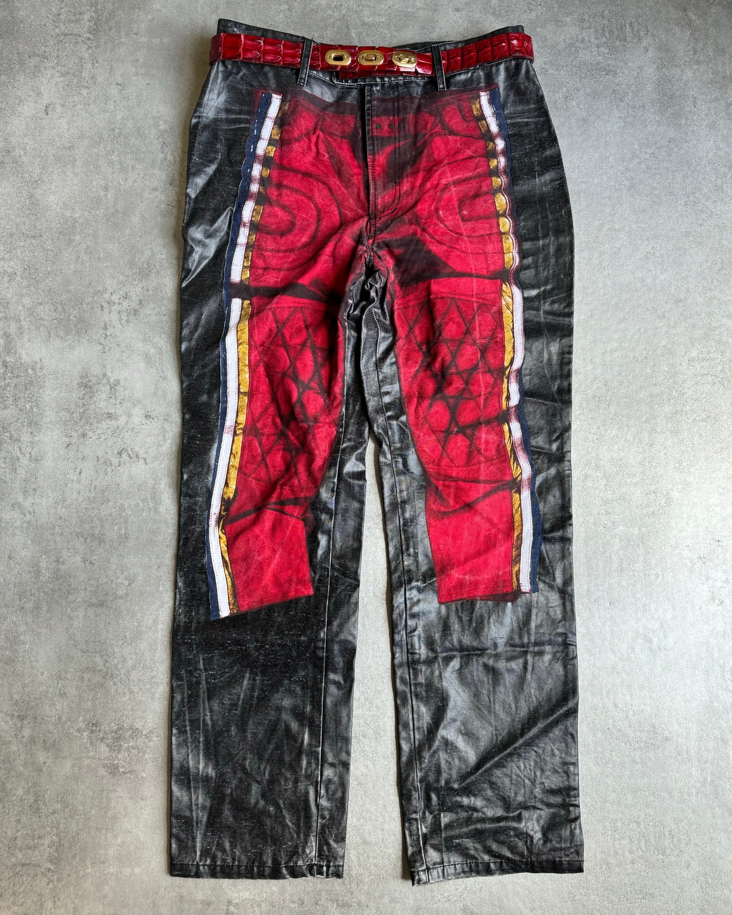 SS1999 Jean Paul Gaultier Trompe l'Oeil Biker Coating Pants (S) - 1