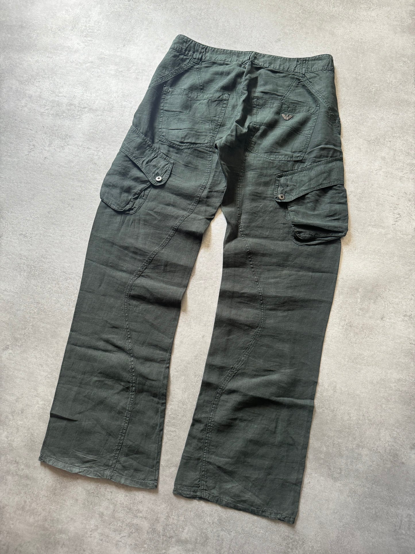 2000s Armani Olive Linen Cozy Cargo Pants  (XL) - 6