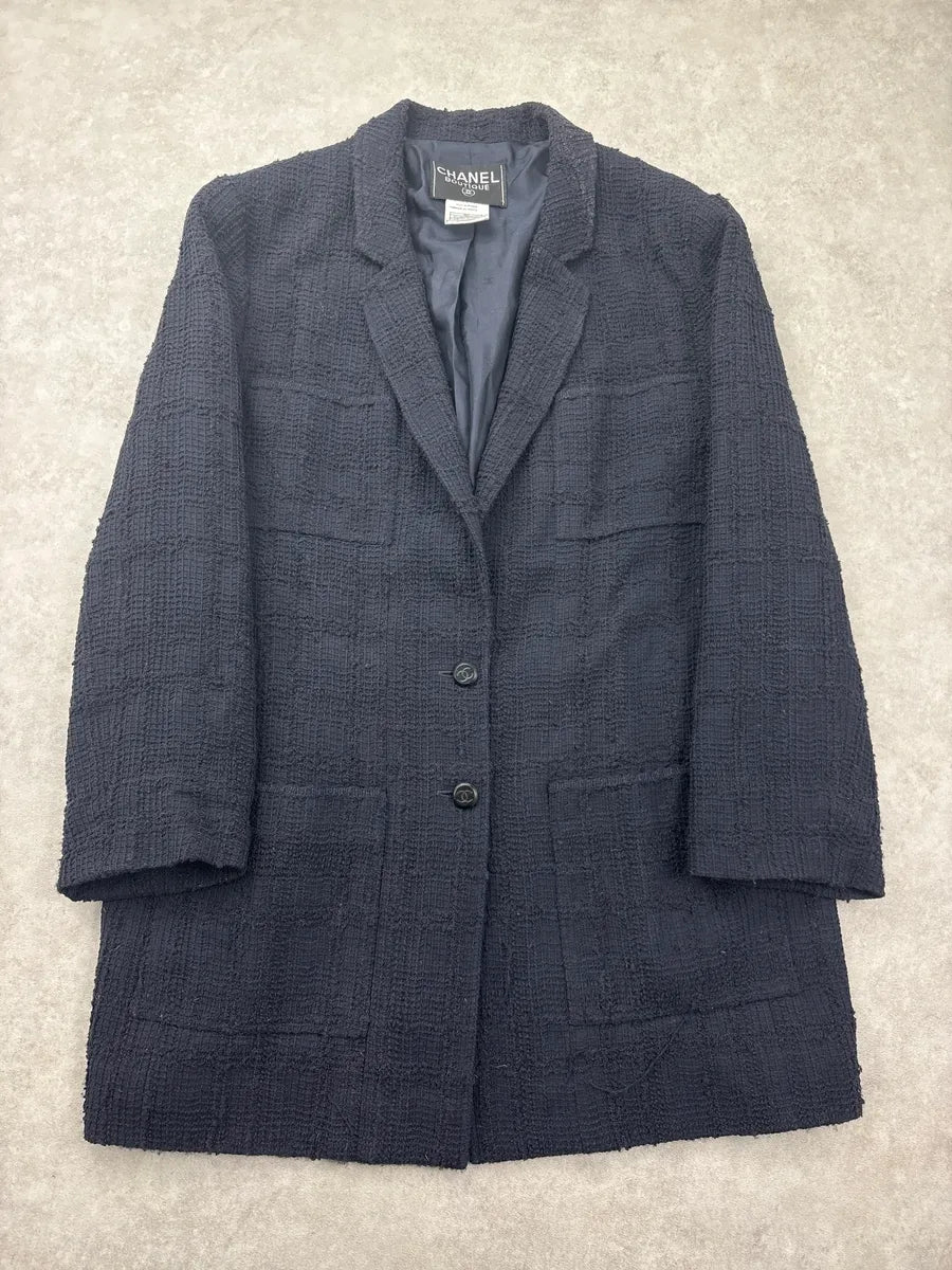 AW1998 Chanel Black Wool Grid Tweed Longline Coat UAWCcxel 0