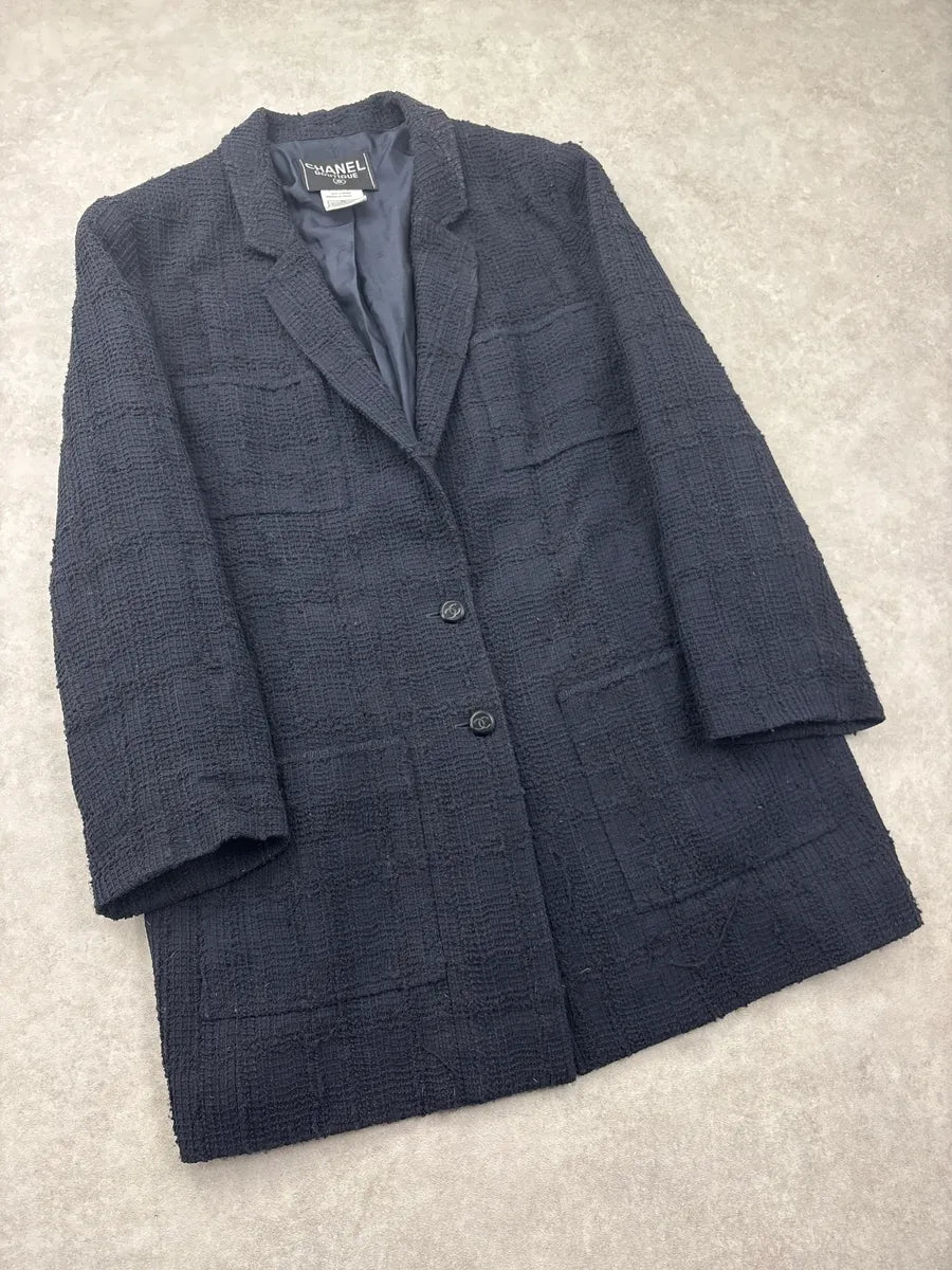 AW1998 Chanel Black Wool Grid Tweed Longline Coat UAWCcxel 3