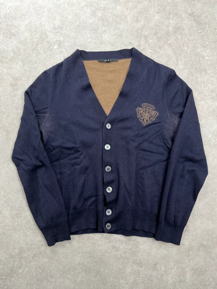 2010s Gucci Dark Navy Wool Crest Logo Button-Front Cardigan UAeqdYHQ 2