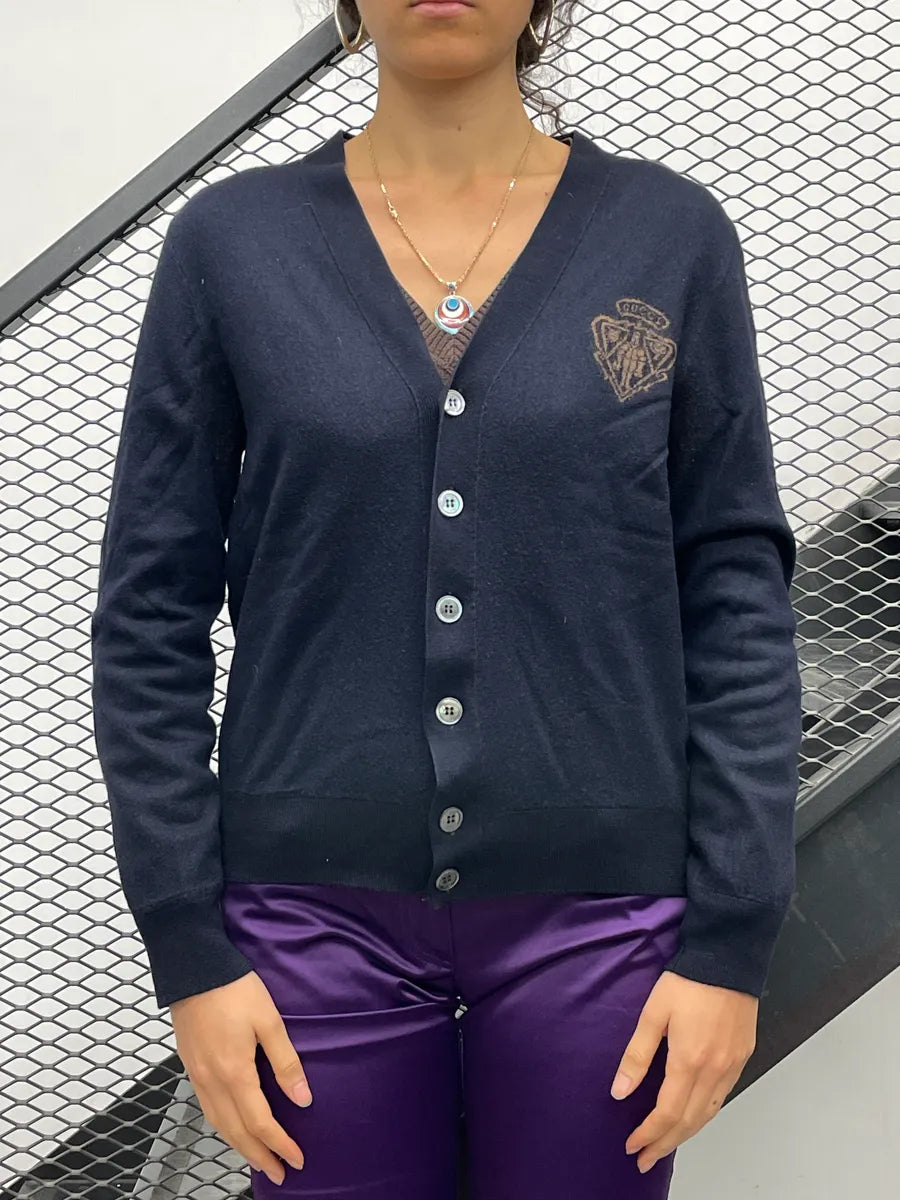 2010s Gucci Dark Navy Wool Crest Logo Button-Front Cardigan UAeqdYHQ 0