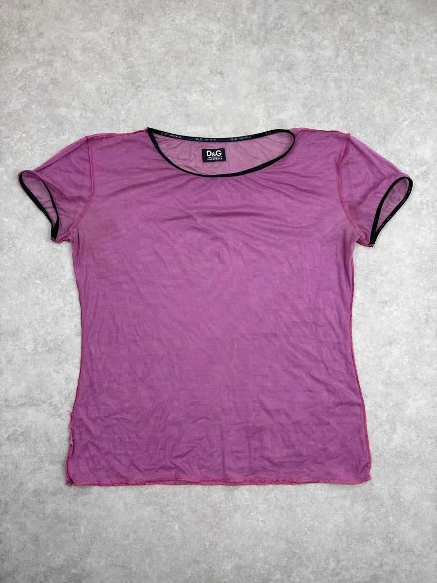 2000s Dolce & Gabbana Pink Sheer Mesh Contrast Trim T-Shirt UGJqllcQ 0