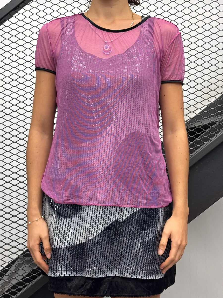 2000s Dolce & Gabbana Pink Sheer Mesh Contrast Trim T-Shirt UGJqllcQ 1
