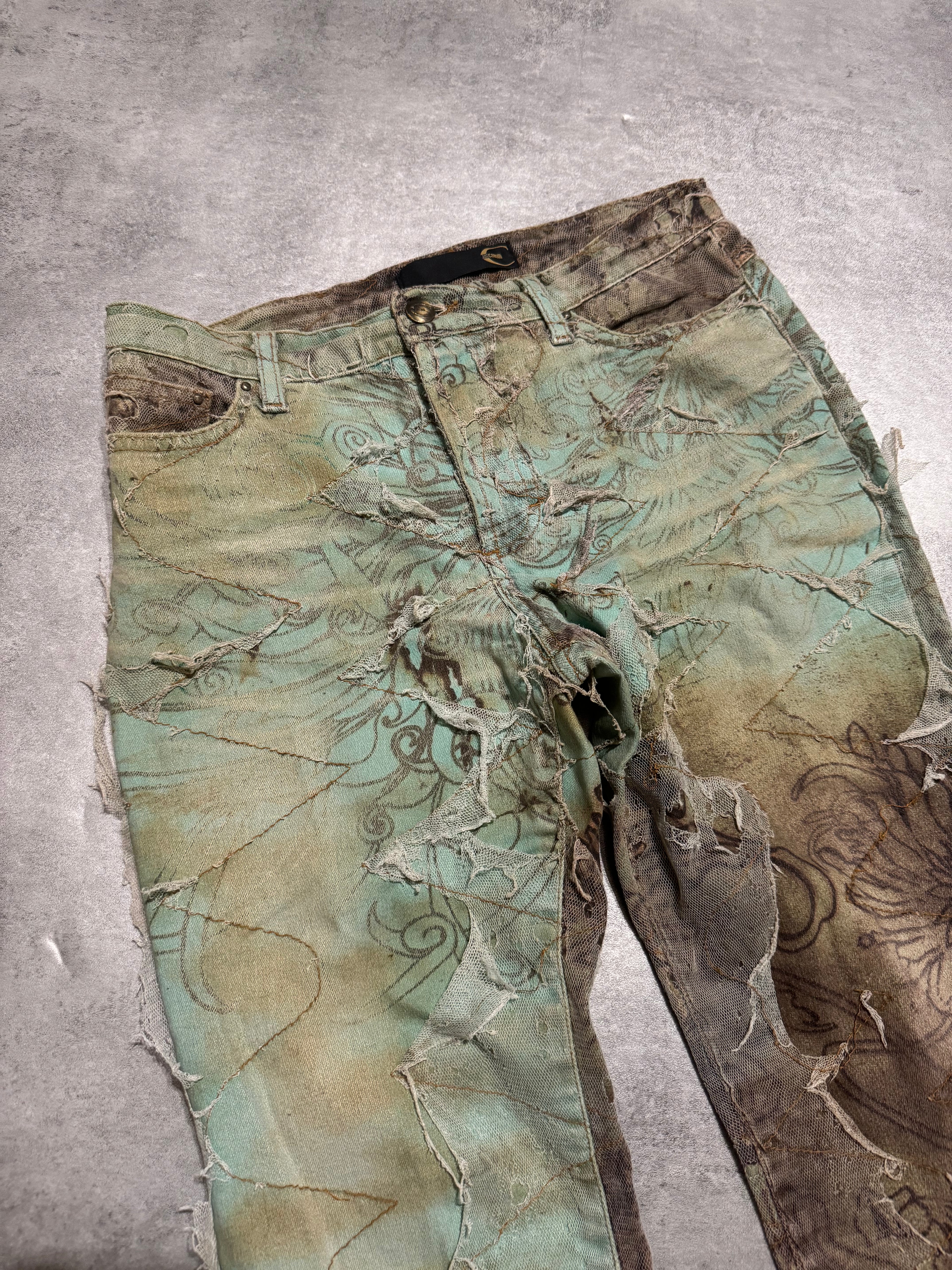 2000s Cavalli Destructured Artistic Floral Blue Pants (S) - 8