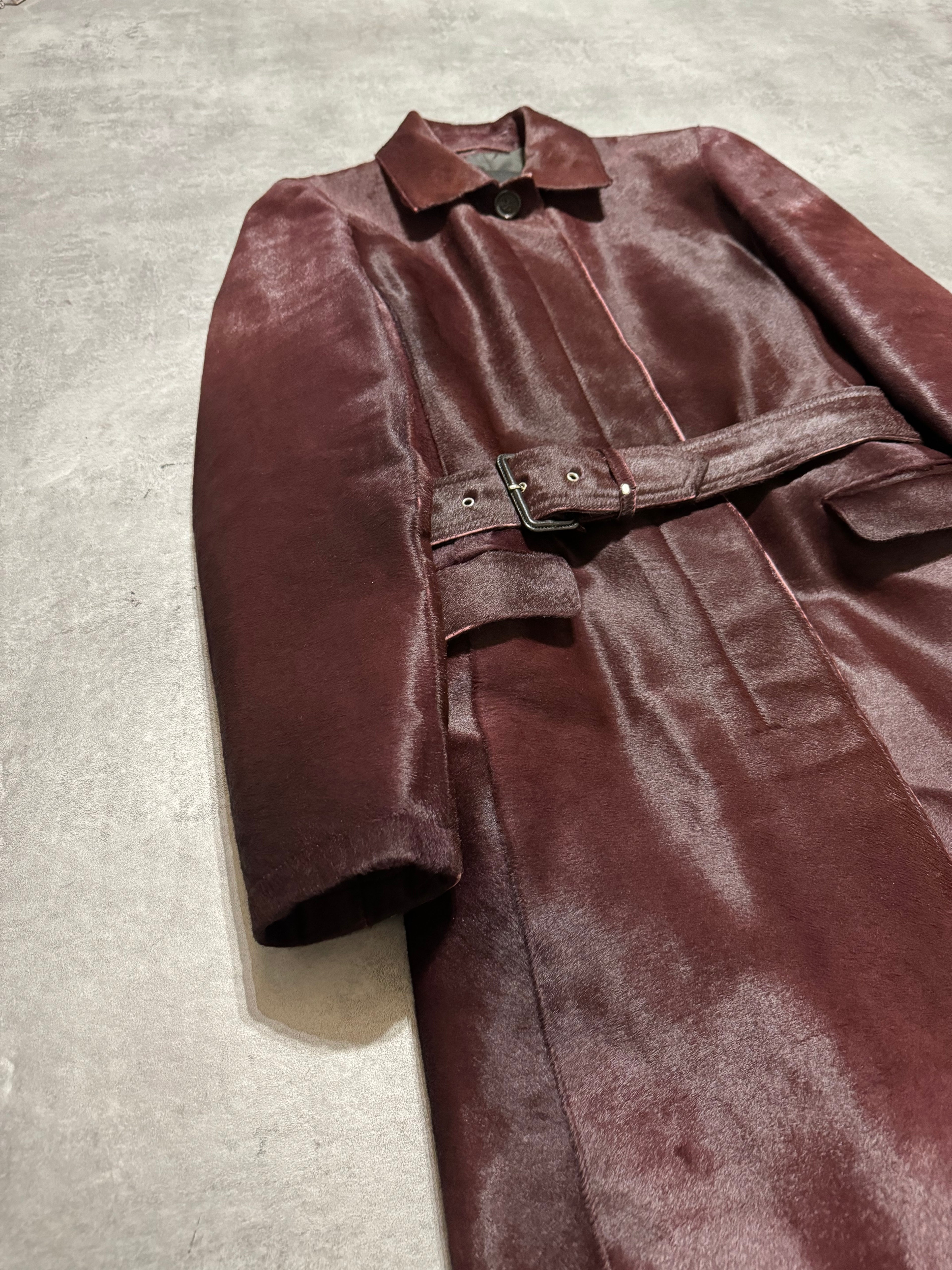 FW2002 Prada Bordeaux Pony Hair Bordeaux Leather Trench Coat