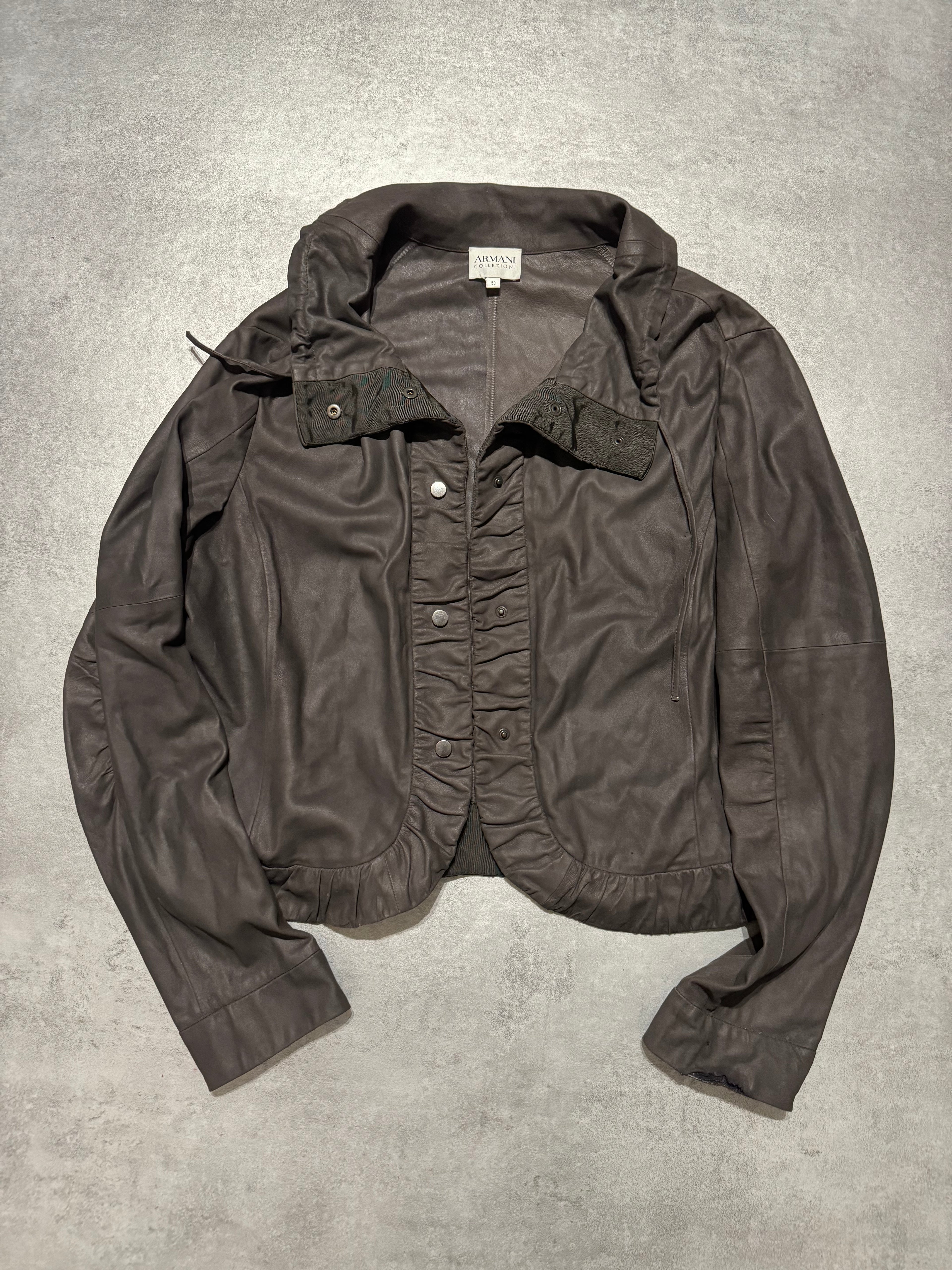 AW2007 Armani Collezioni Brown Goat Leather Buttoned Contemporary Jacket (S) - 3