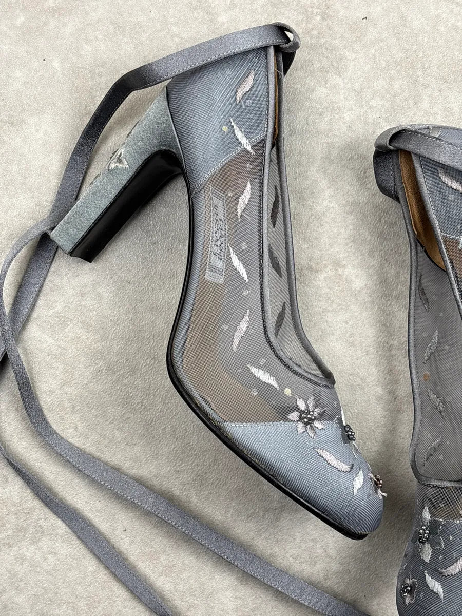 1990s Gianni Versace Grey Floral Embroidered Mesh Heels UVvyoAIR 10