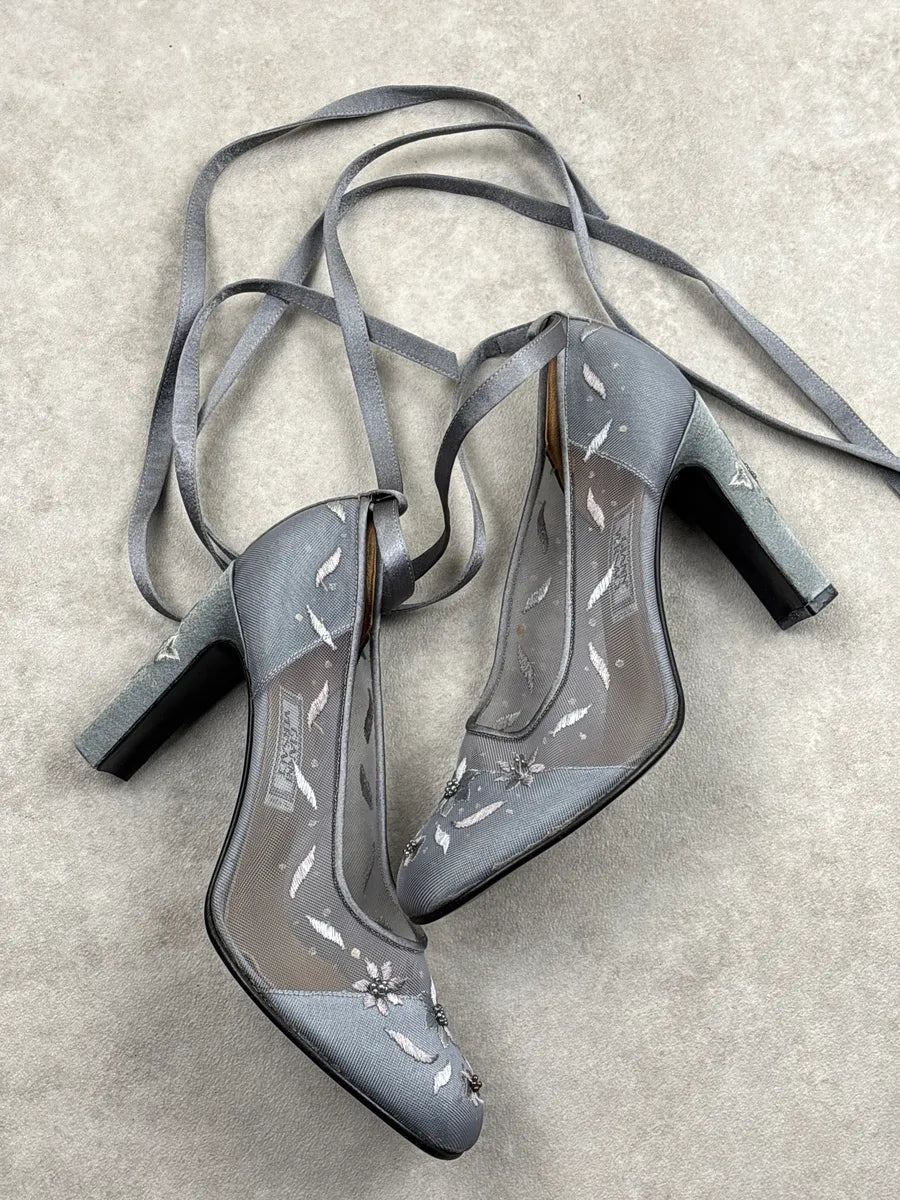 1990s Gianni Versace Grey Floral Embroidered Mesh Heels UVvyoAIR 7