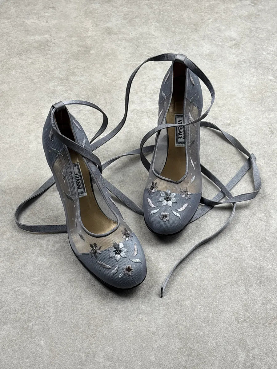 1990s Gianni Versace Grey Floral Embroidered Mesh Heels UVvyoAIR 0