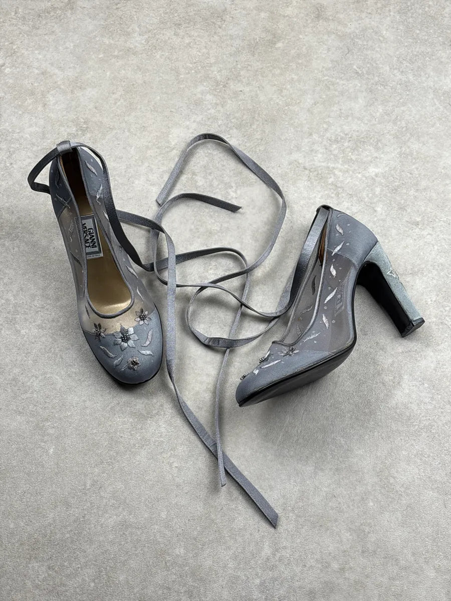 1990s Gianni Versace Grey Floral Embroidered Mesh Heels UVvyoAIR 4