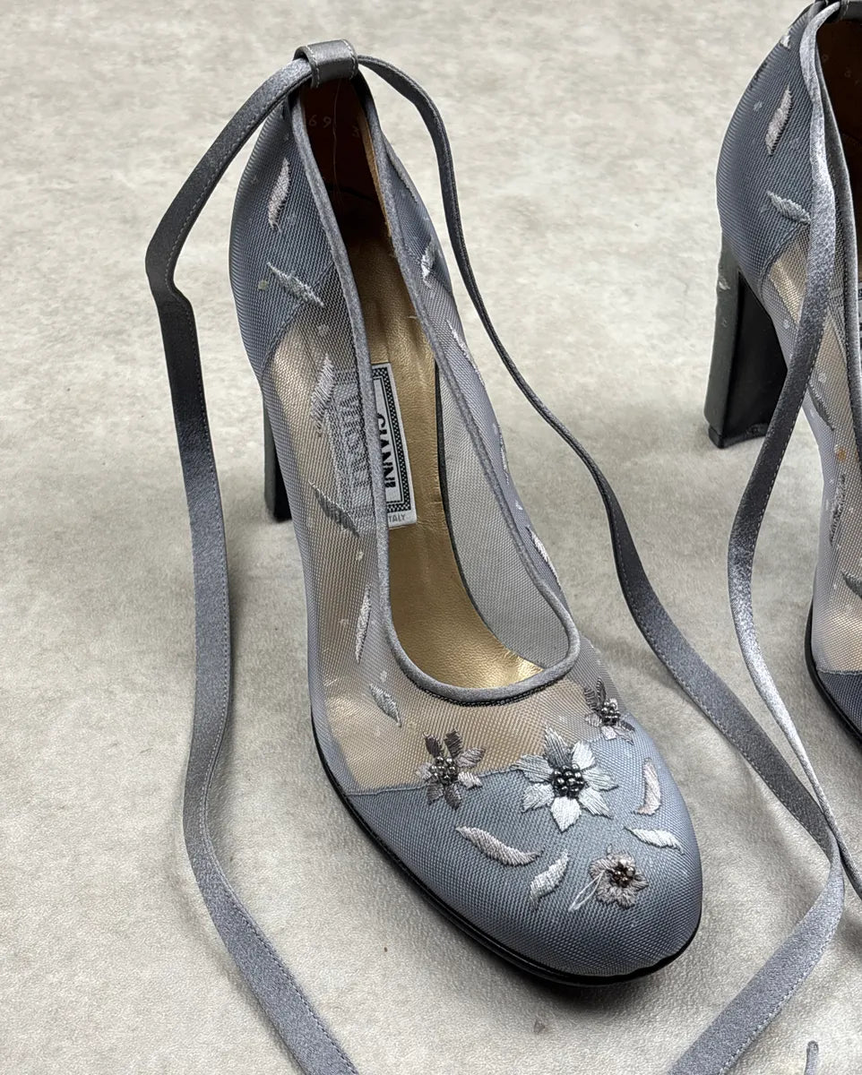 1990s Gianni Versace Grey Floral Embroidered Mesh Heels UVvyoAIR 8
