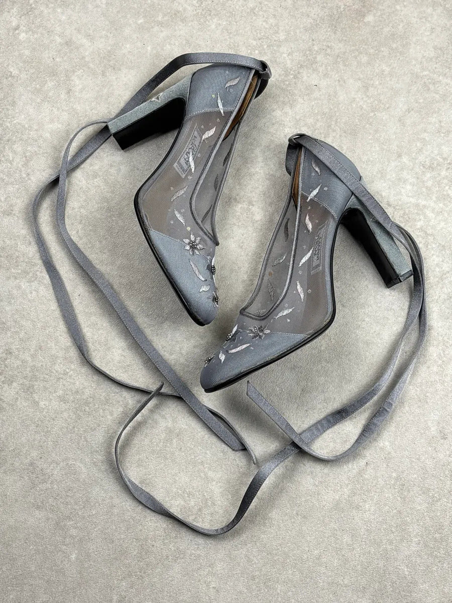 1990s Gianni Versace Grey Floral Embroidered Mesh Heels UVvyoAIR 5