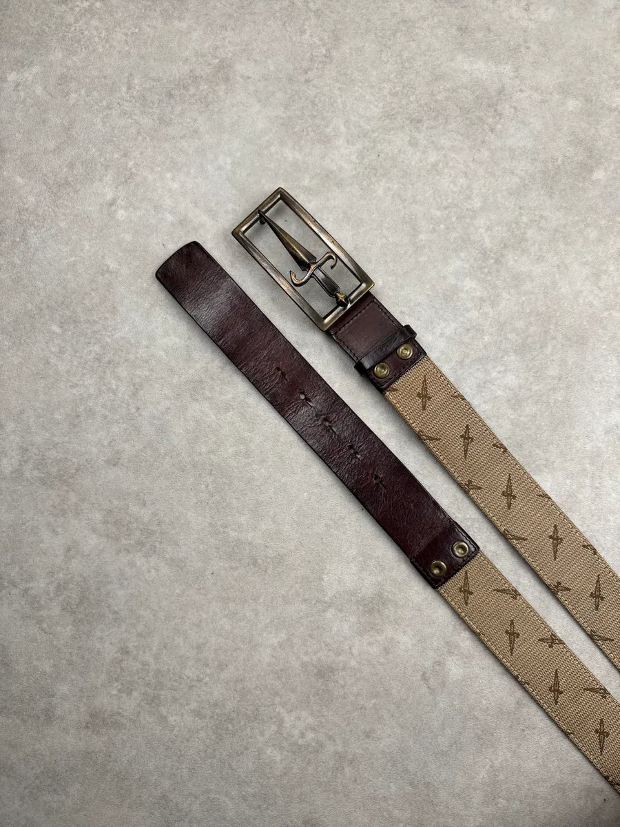 2000s Paciotti Hybrid Brown Leather Beige Canvas Signature Dagger Belt UXnfLoqI 3