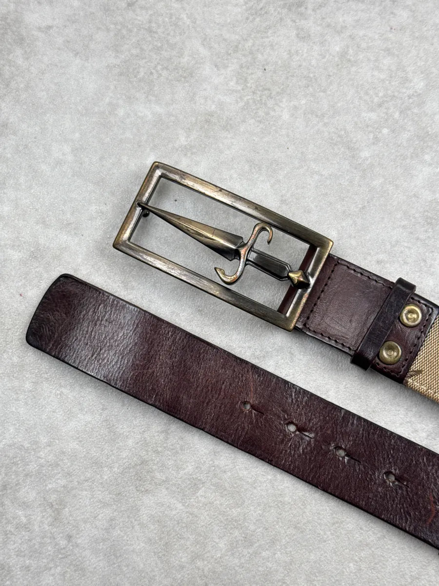 2000s Paciotti Hybrid Brown Leather Beige Canvas Signature Dagger Belt UXnfLoqI 4