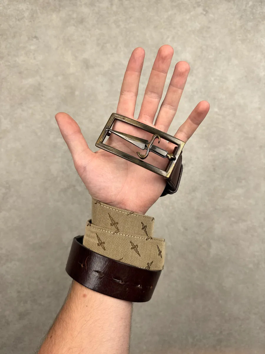 2000s Paciotti Hybrid Brown Leather Beige Canvas Signature Dagger Belt UXnfLoqI 1