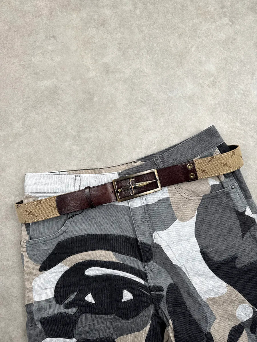 2000s Paciotti Hybrid Brown Leather Beige Canvas Signature Dagger Belt UXnfLoqI 0