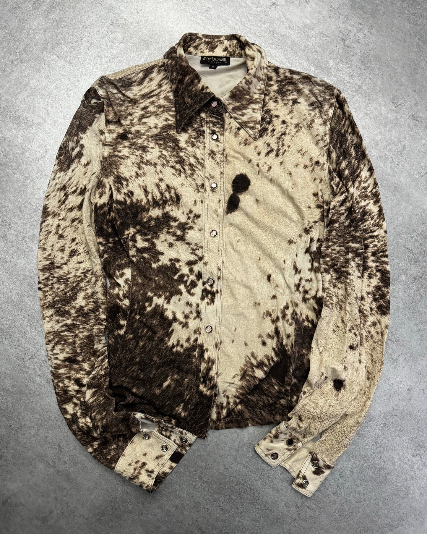 FW1999 Roberto Cavalli Fury Brown Cowprint Movement Shirt (XS/S) - 1