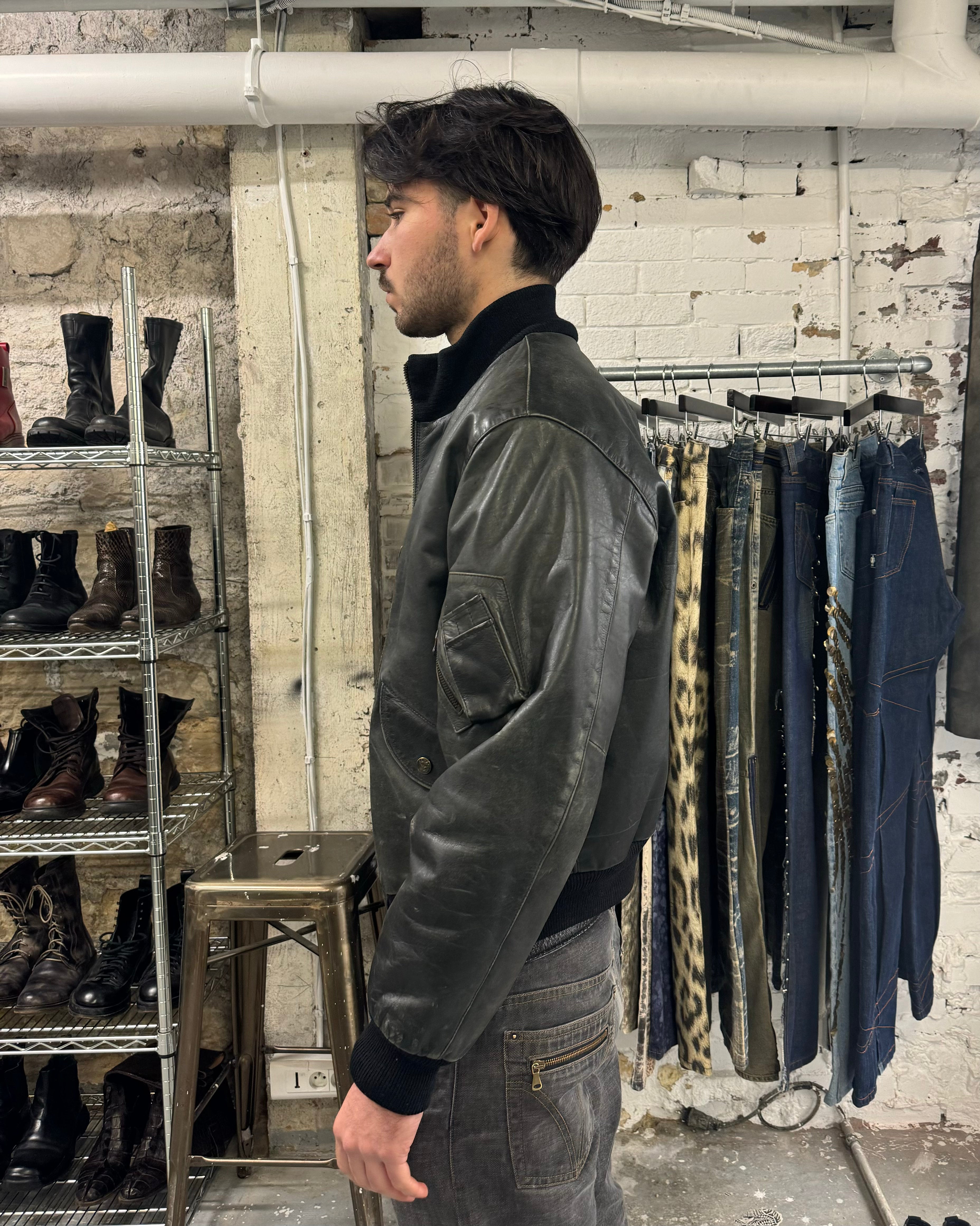 1990s Armani Leather Patina Black Premium Italian Bomber Jacket  (M/L) - 12