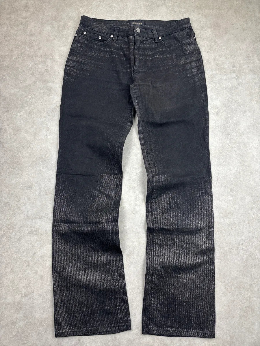 2000s Roberto Cavalli Black Denim Metallic Coated Straight-Leg Jeans UhAvsvxA 0