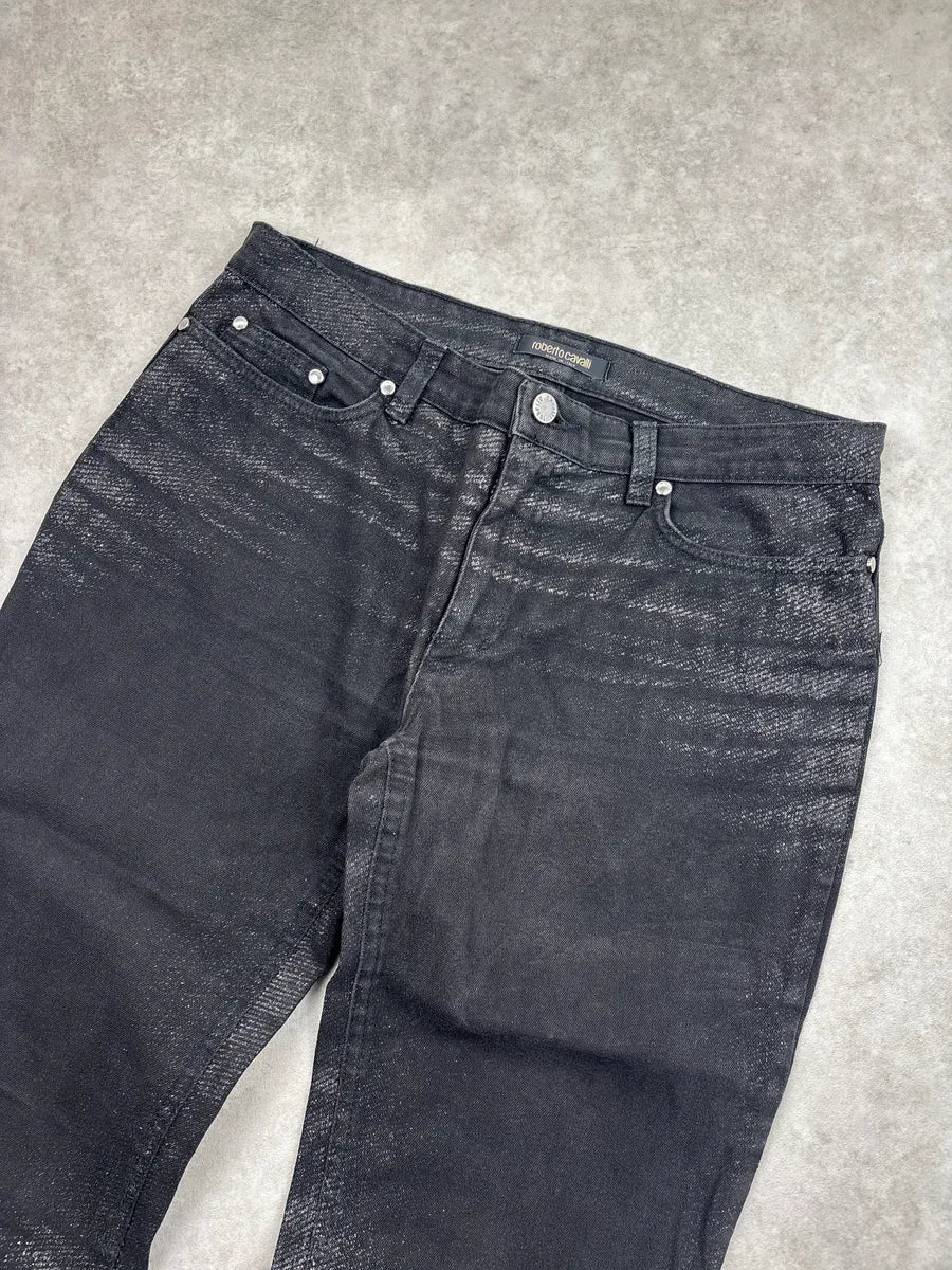 2000s Roberto Cavalli Black Denim Metallic Coated Straight-Leg Jeans UhAvsvxA 6