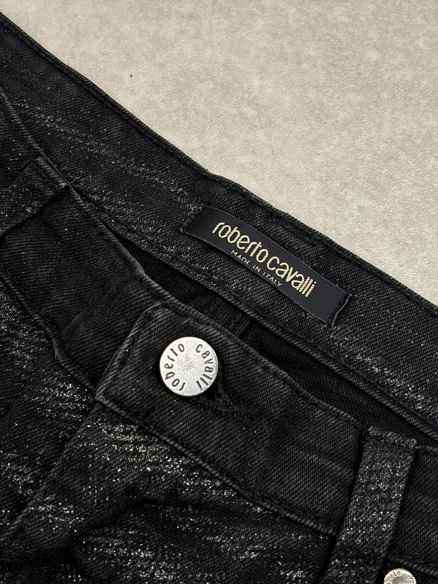 2000s Roberto Cavalli Black Denim Metallic Coated Straight-Leg Jeans UhAvsvxA 10
