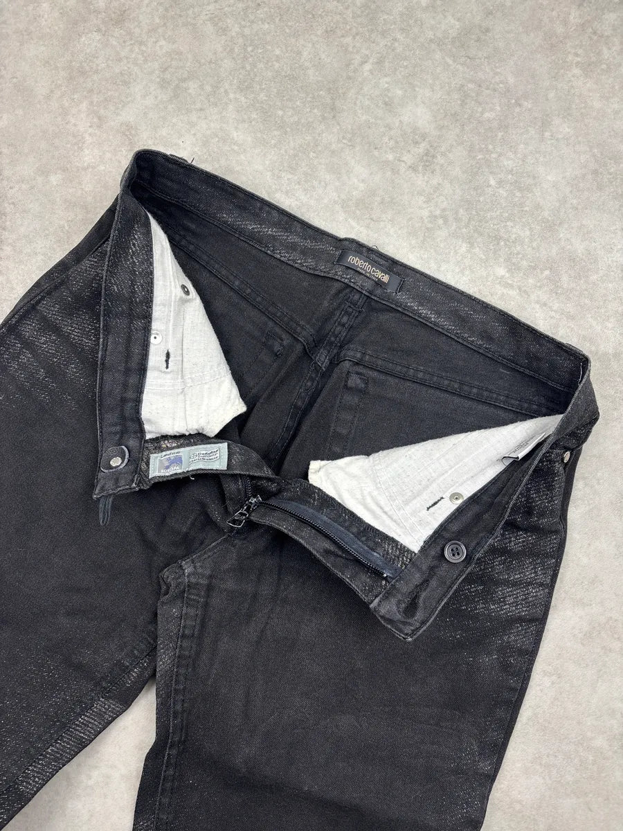 2000s Roberto Cavalli Black Denim Metallic Coated Straight-Leg Jeans UhAvsvxA 7