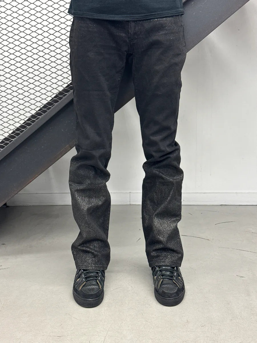 2000s Roberto Cavalli Black Denim Metallic Coated Straight-Leg Jeans UhAvsvxA 1