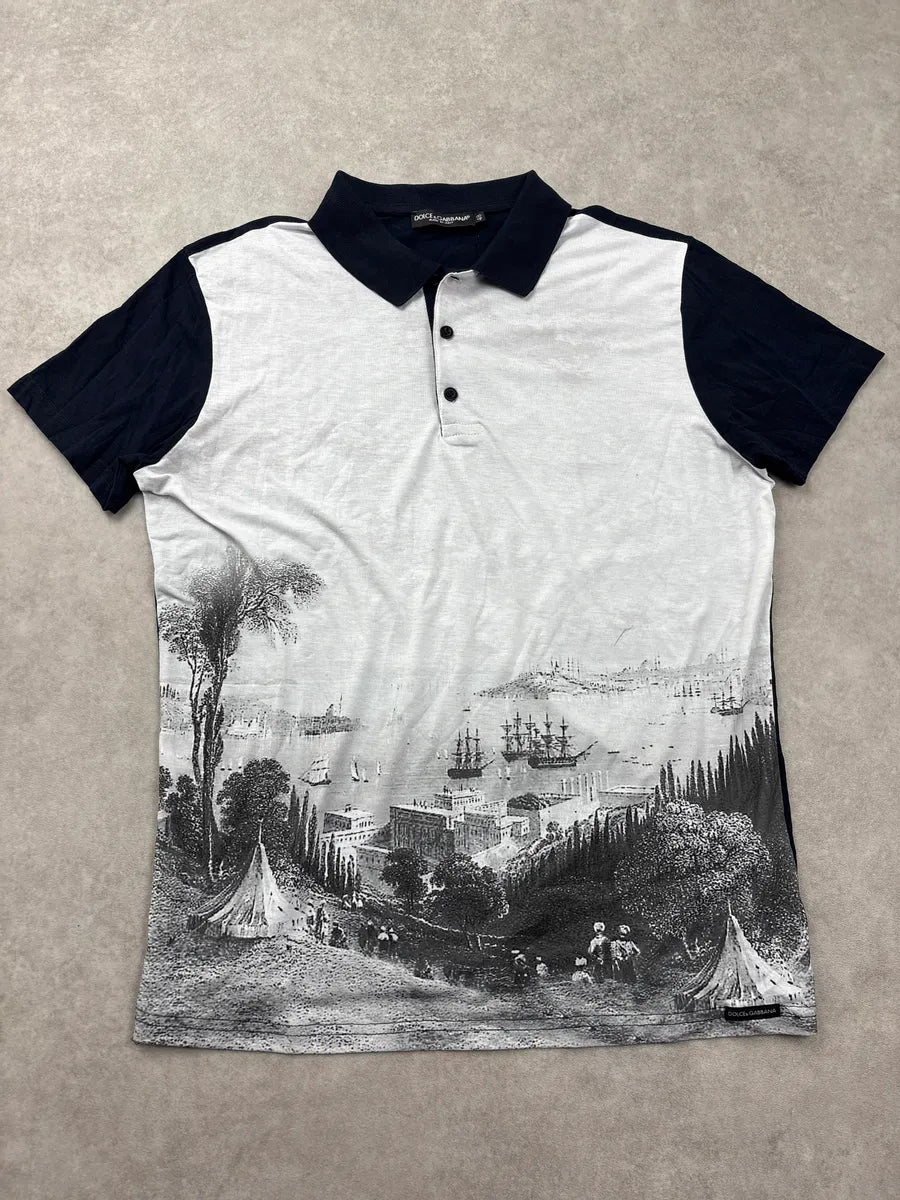 SS2014 Dolce & Gabbana White & Navy Scenic Landscape Polo UjEuDsXH 0