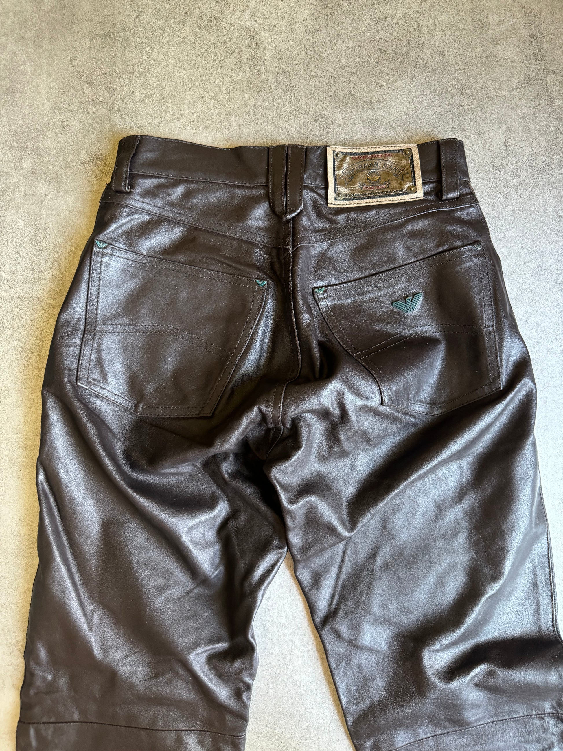 1990s Armani Brown Robust Leather Pants (XS) - 4