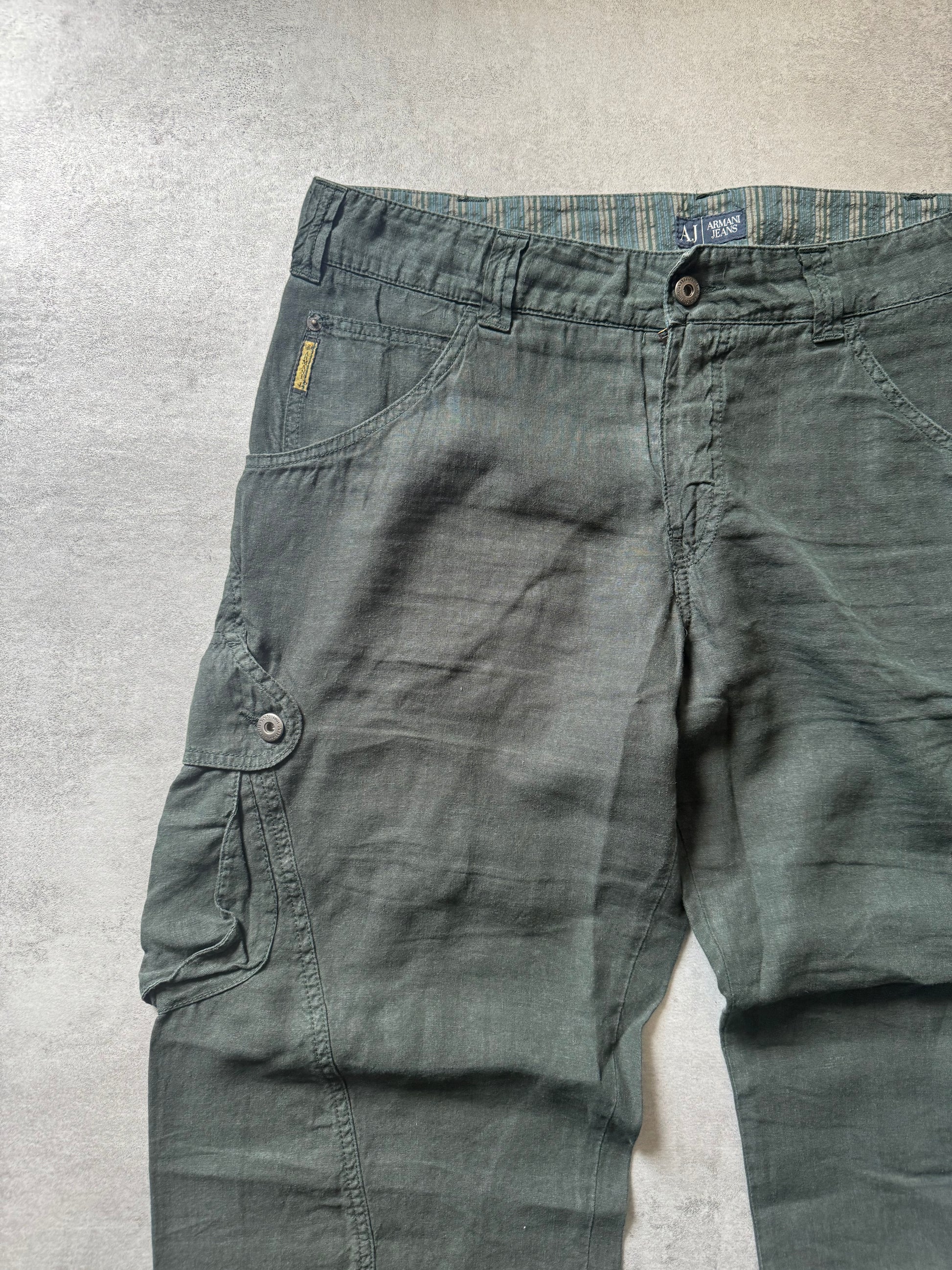 2000s Armani Olive Linen Cozy Cargo Pants  (XL) - 10