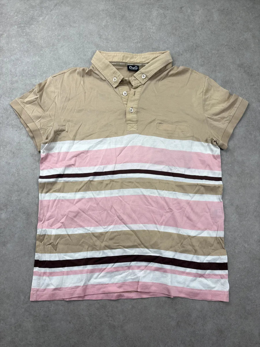 2000s Dolce & Gabbana Beige Striped Buttoned Collar Polo VUbzLPNP 0