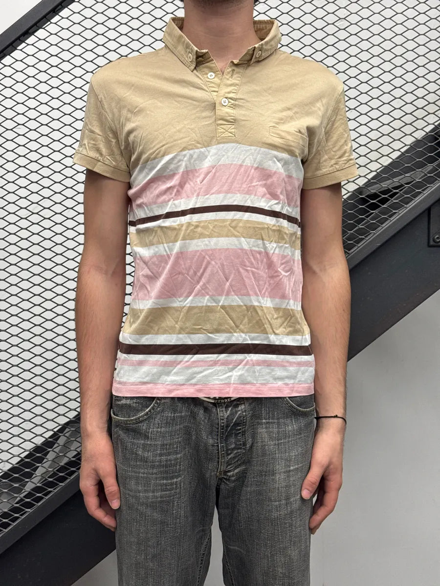 2000s Dolce & Gabbana Beige Striped Buttoned Collar Polo VUbzLPNP 1