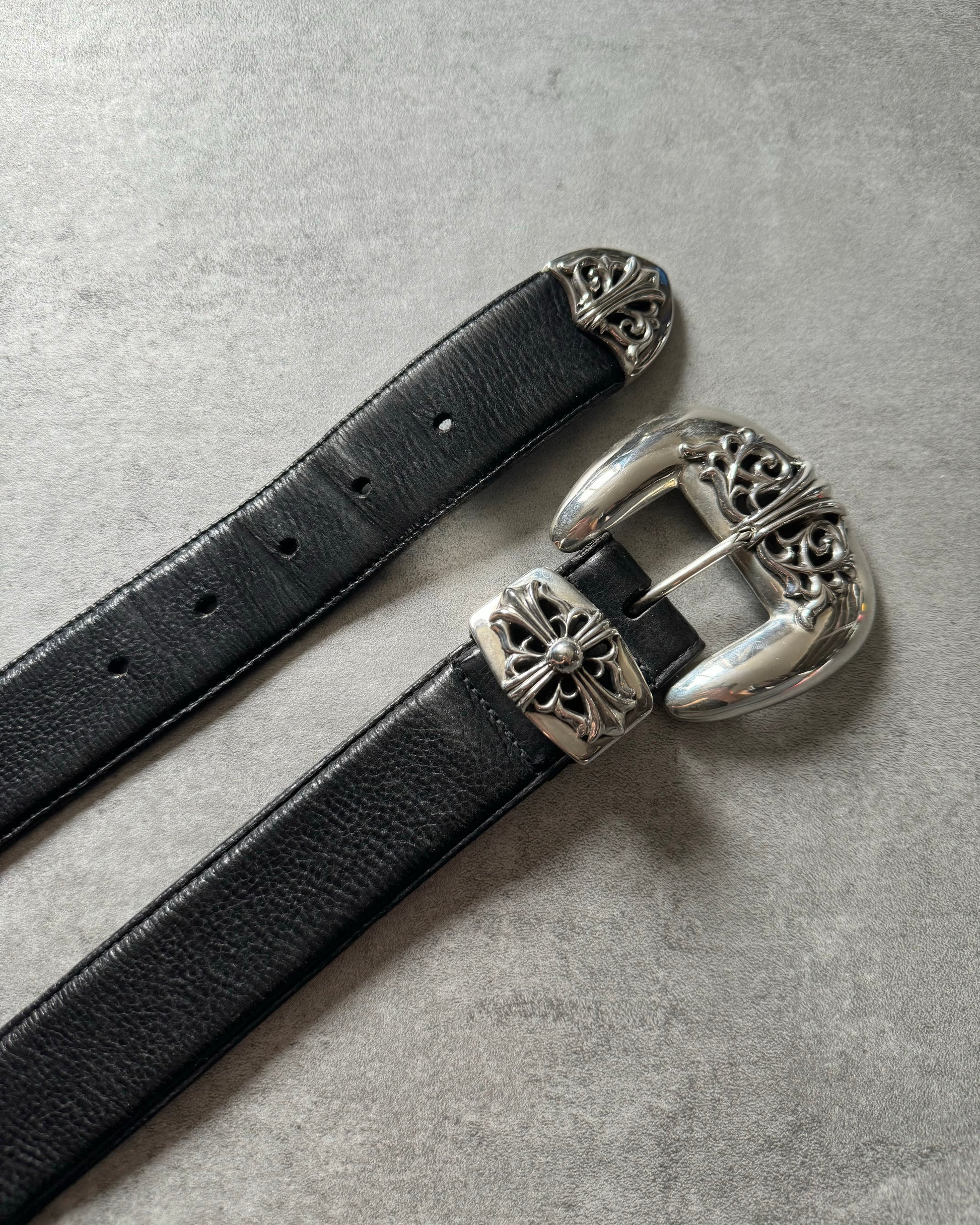 Chrome Hearts Black Leather Silver Rock Belt (OS) - 3