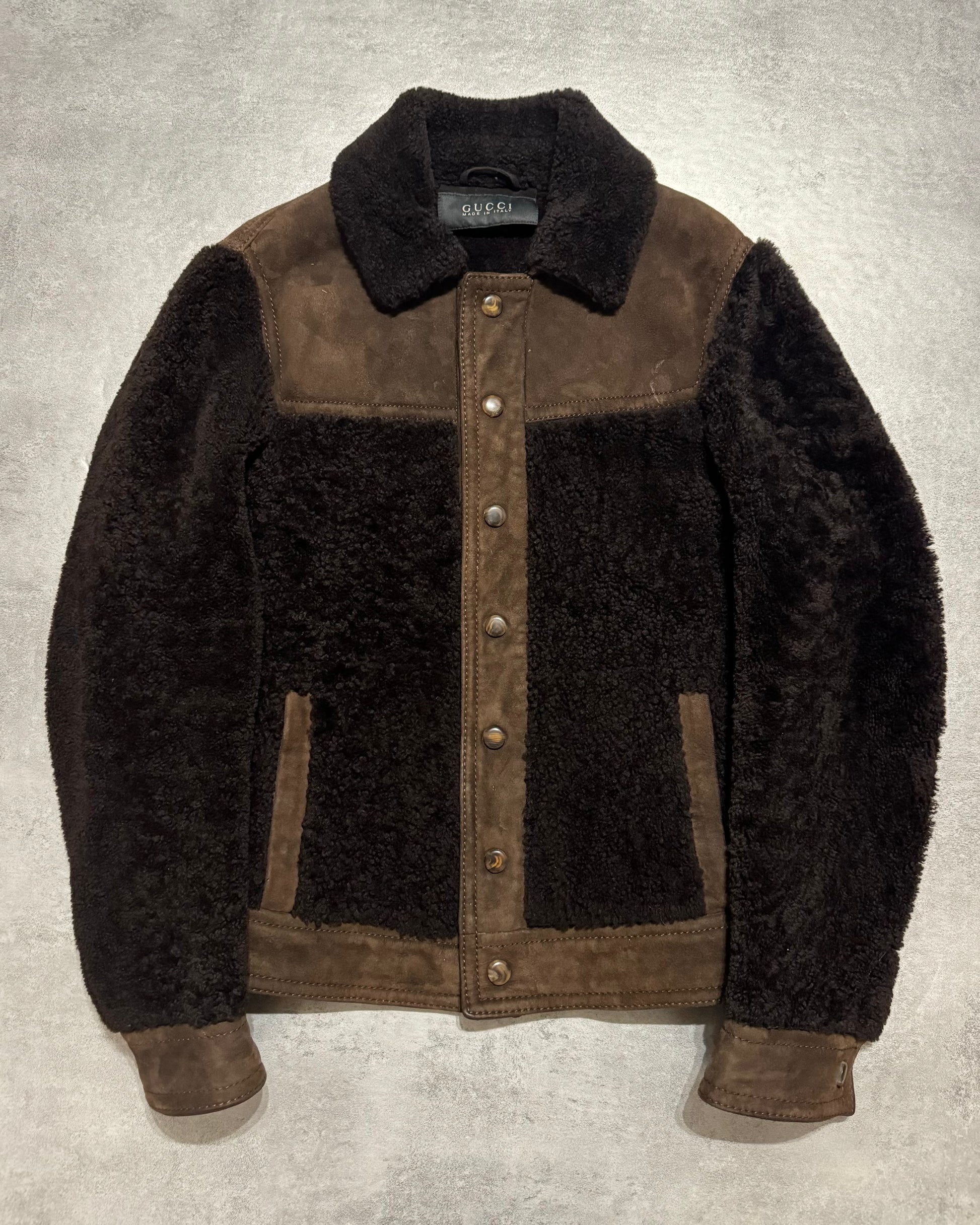 FW2002 Gucci Brown Shearling Lamb Fur Italian Leather Jacket (M) - 1