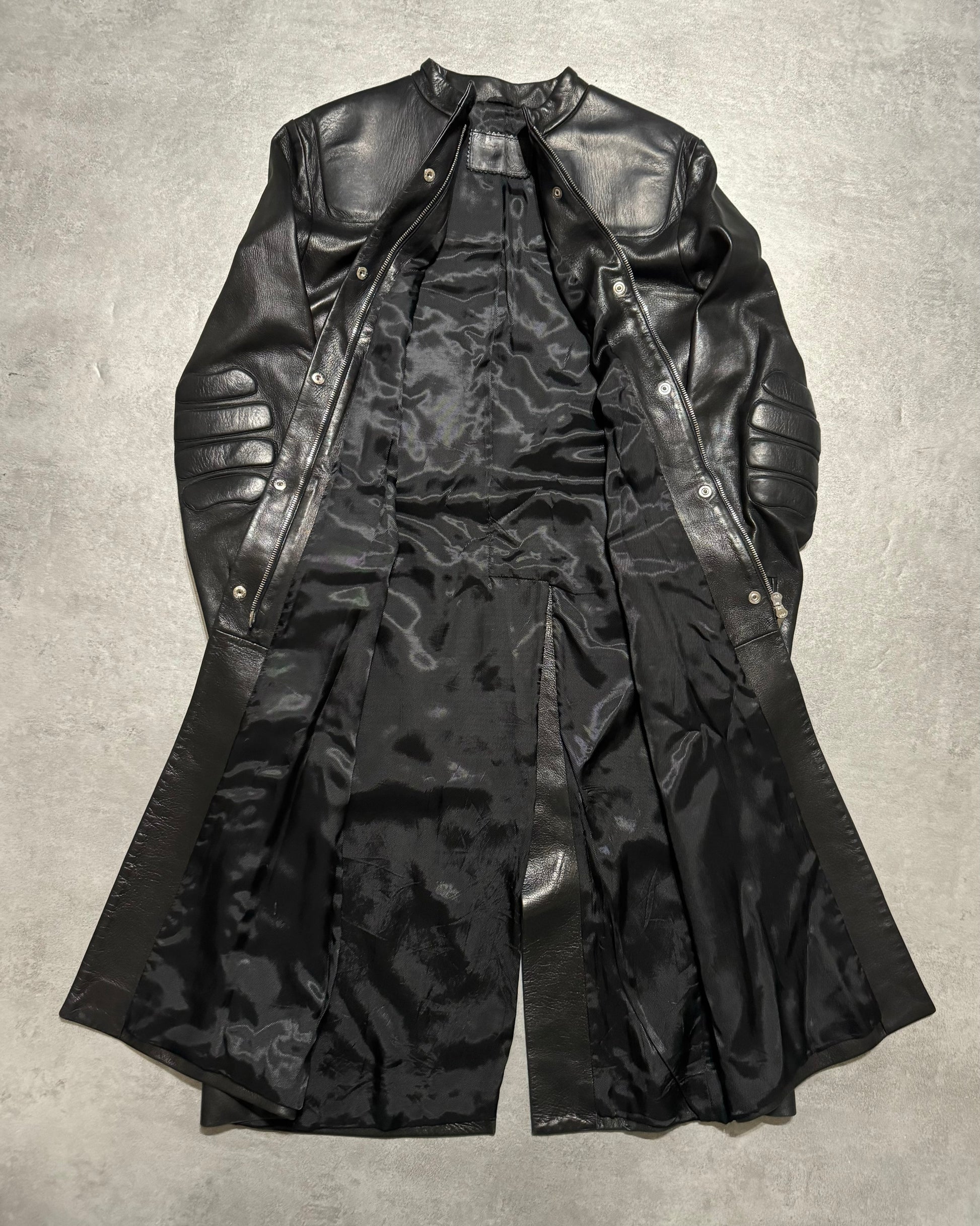 FW1999 Prada Black Padded Biker Matrix Leather Trench Jacket  (S) - 2