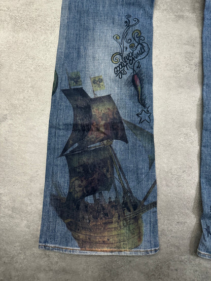 SS2007 Cavalli Painted Demoniac War Denim Pants (S) - 3