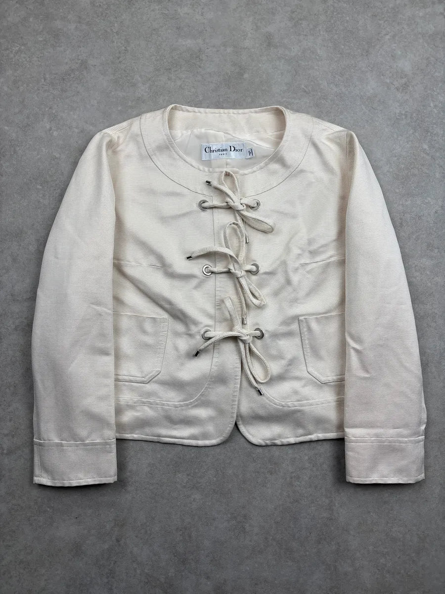SS2009 Christian Dior Ivory Silk Lace-Up Ribbed Light Jacket sORhxvHR 0